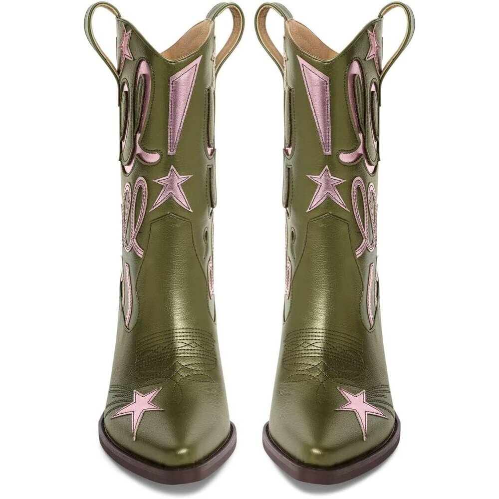 ⚡Women's Green Embroidery Western Cowgirl Boots Mid Calf Low Heel Pointed Toe - Picture 3 of 6
